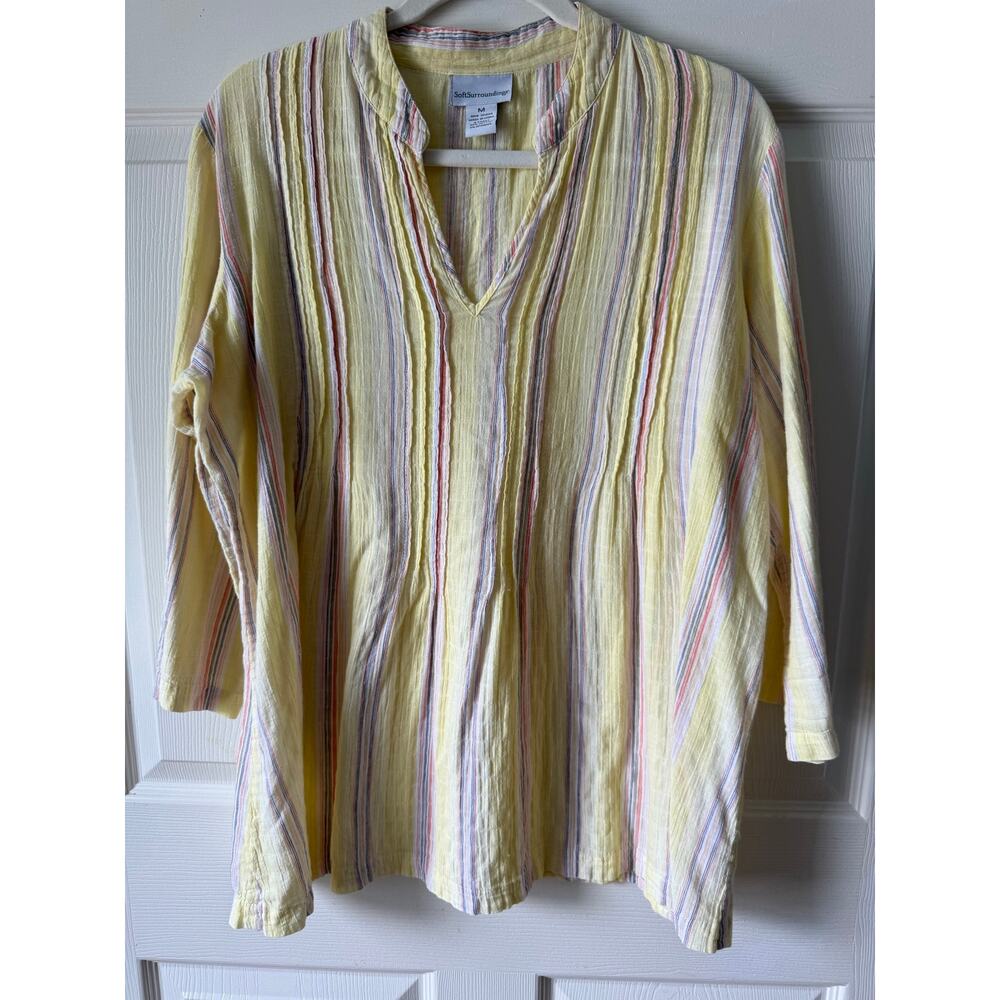 Soft Surroundings Yellow Stripe Gauze Lightweight Popover Tunic Size M Coastal